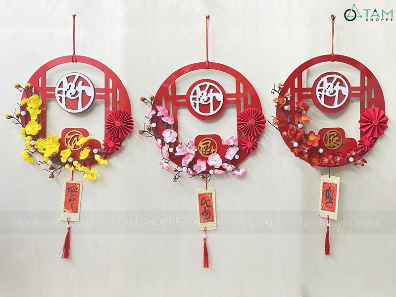 Vòng treo cửa Tết Alu Đỏ Mai Đào liễn treo [3 Kiểu] ĐK 30cm VTC-T-45